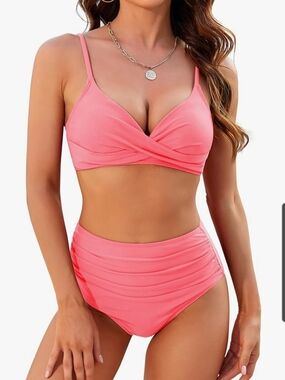 Zaful Coral Pink Twist Front High Waist Bikini Size Large